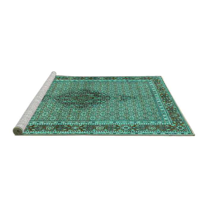 Sideview of Machine Washable Persian Turquoise Traditional Area Rugs, wshtr953turq