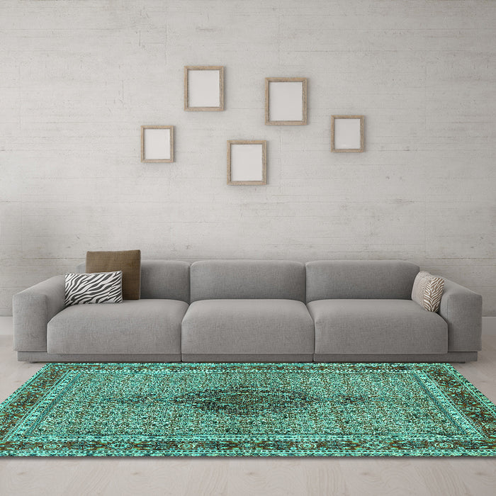 Machine Washable Persian Turquoise Traditional Area Rugs in a Living Room,, wshtr953turq