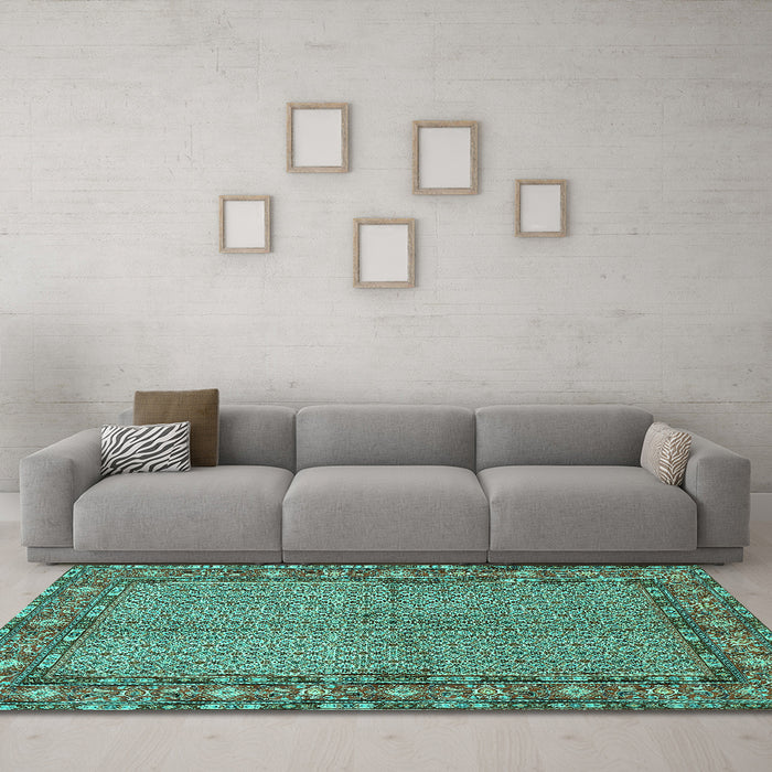 Machine Washable Persian Turquoise Traditional Area Rugs in a Living Room,, wshtr954turq