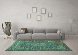 Machine Washable Persian Turquoise Traditional Area Rugs in a Living Room,, wshtr955turq