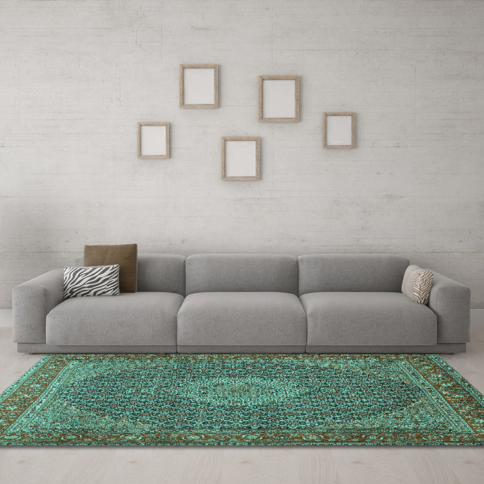 Machine Washable Persian Turquoise Traditional Area Rugs in a Living Room,, wshtr955turq