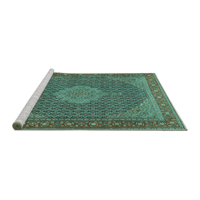Sideview of Machine Washable Persian Turquoise Traditional Area Rugs, wshtr955turq