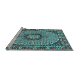 Sideview of Machine Washable Medallion Light Blue Traditional Rug, wshtr956lblu