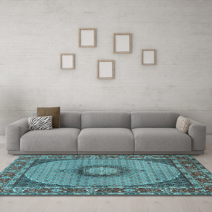 Machine Washable Medallion Light Blue Traditional Rug in a Living Room, wshtr956lblu