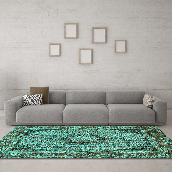 Machine Washable Medallion Turquoise Traditional Area Rugs in a Living Room,, wshtr956turq