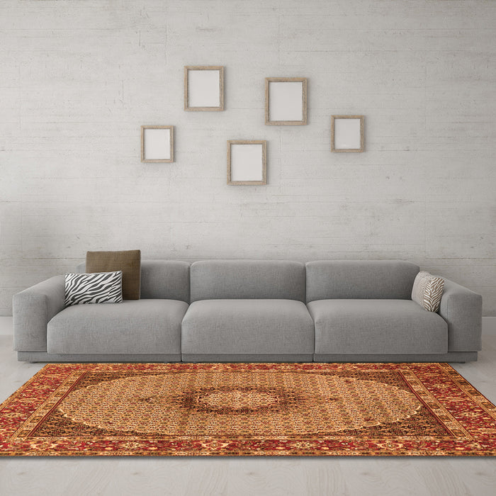 Machine Washable Medallion Orange Traditional Area Rugs in a Living Room, wshtr956org