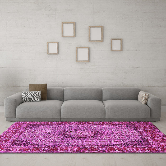 Machine Washable Medallion Pink Traditional Rug in a Living Room, wshtr956pnk