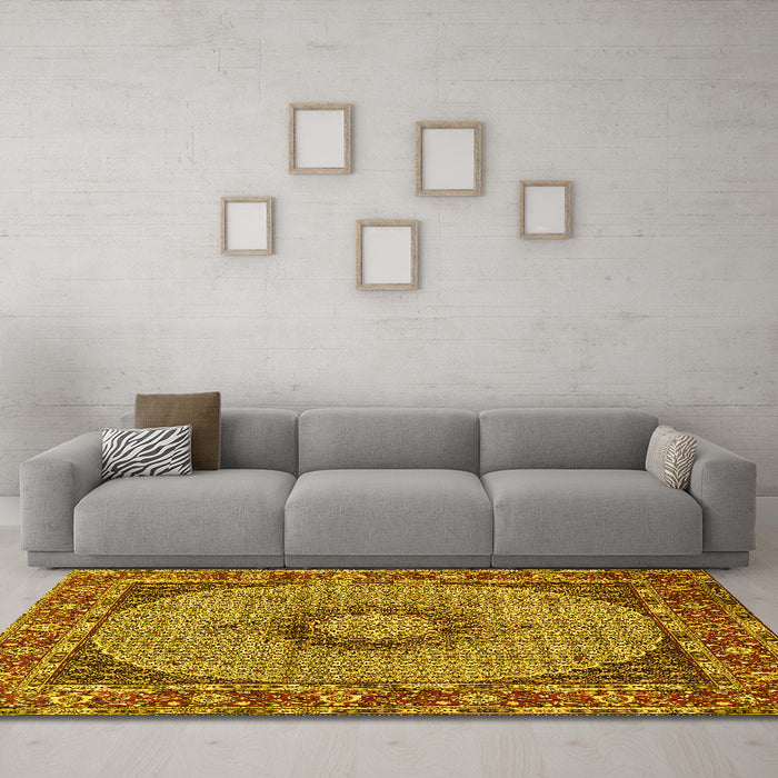 Machine Washable Medallion Yellow Traditional Rug in a Living Room, wshtr956yw