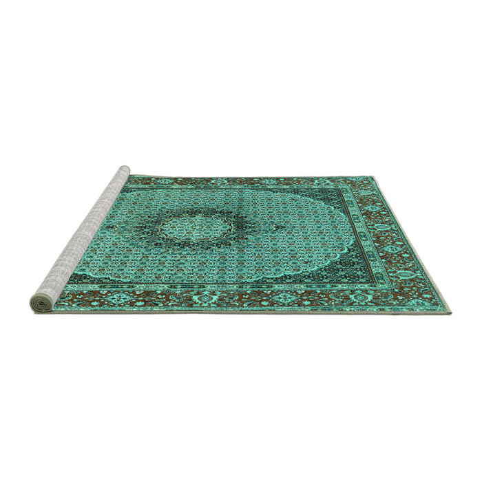 Sideview of Machine Washable Medallion Turquoise Traditional Area Rugs, wshtr956turq
