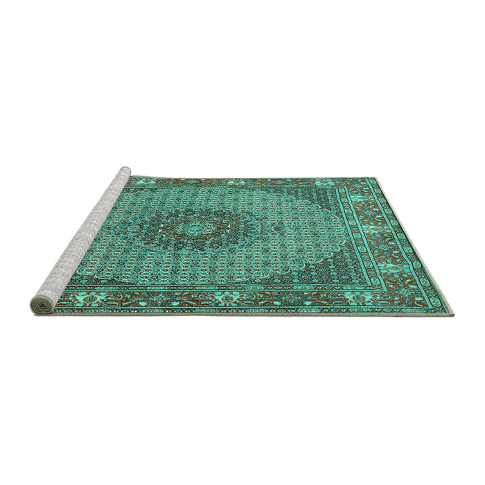 Sideview of Machine Washable Medallion Turquoise Traditional Area Rugs, wshtr957turq