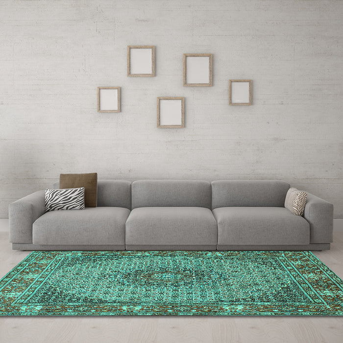 Machine Washable Medallion Turquoise Traditional Area Rugs in a Living Room,, wshtr957turq