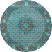 Round Machine Washable Medallion Light Blue Traditional Rug, wshtr957lblu