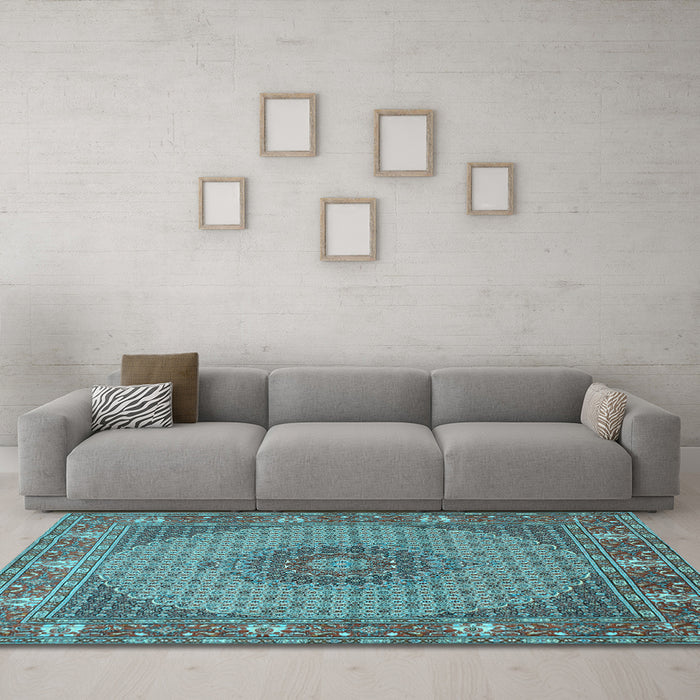 Machine Washable Medallion Light Blue Traditional Rug in a Living Room, wshtr957lblu
