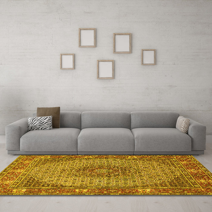 Machine Washable Medallion Yellow Traditional Rug in a Living Room, wshtr957yw