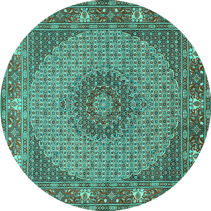 Round Machine Washable Medallion Turquoise Traditional Area Rugs, wshtr957turq