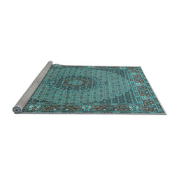 Sideview of Machine Washable Medallion Light Blue Traditional Rug, wshtr957lblu
