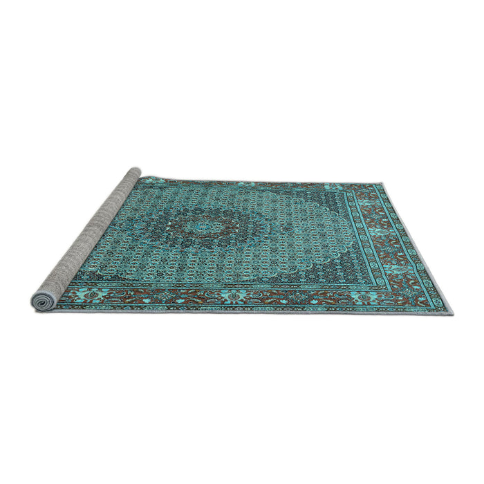 Sideview of Machine Washable Medallion Light Blue Traditional Rug, wshtr957lblu