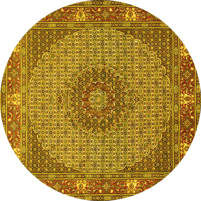 Round Machine Washable Medallion Yellow Traditional Rug, wshtr957yw