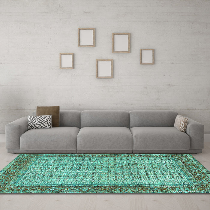 Machine Washable Persian Turquoise Traditional Area Rugs in a Living Room,, wshtr958turq