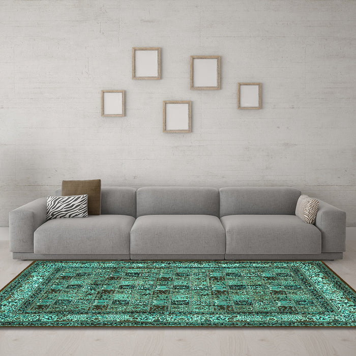 Machine Washable Persian Turquoise Traditional Area Rugs in a Living Room,, wshtr959turq