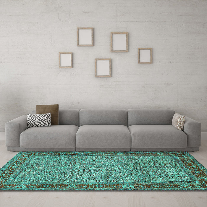 Machine Washable Persian Turquoise Traditional Area Rugs in a Living Room,, wshtr960turq