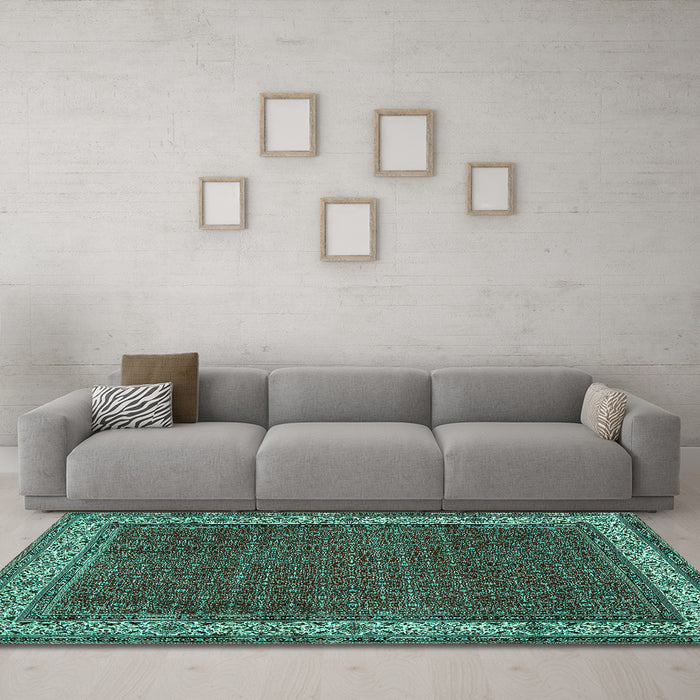 Machine Washable Persian Turquoise Traditional Area Rugs in a Living Room,, wshtr961turq