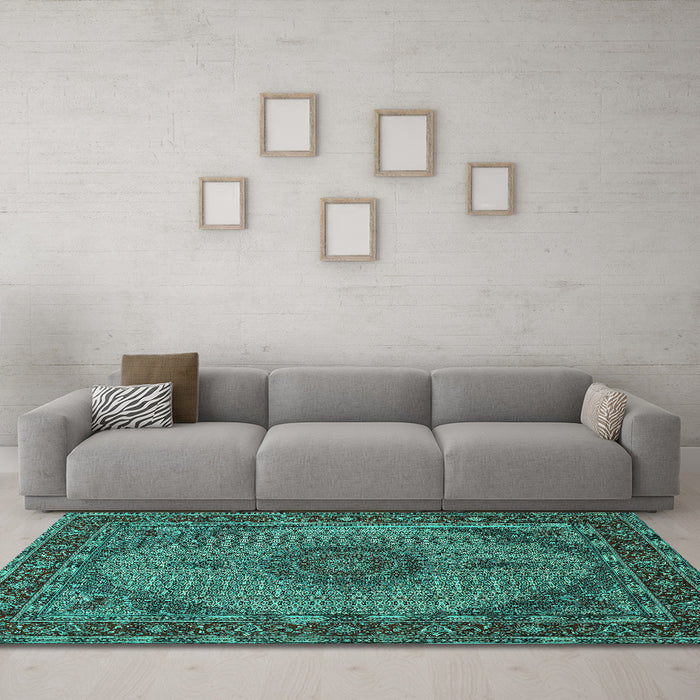 Machine Washable Medallion Turquoise Traditional Area Rugs in a Living Room,, wshtr962turq