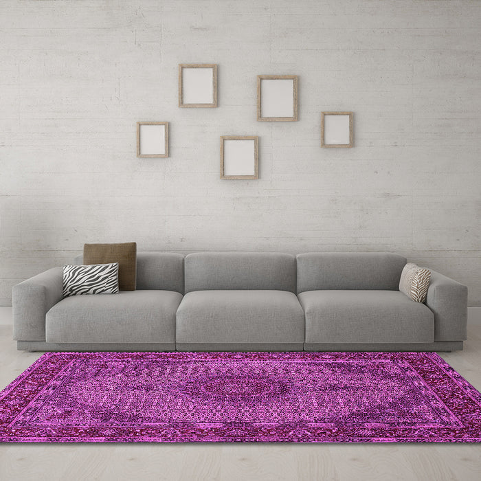 Machine Washable Medallion Pink Traditional Rug in a Living Room, wshtr962pnk