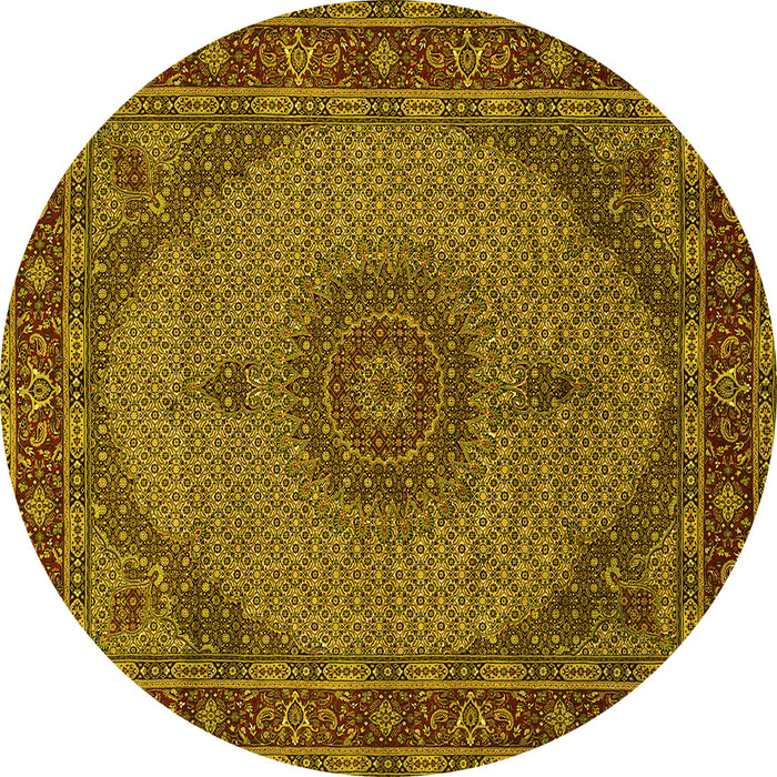 Round Machine Washable Medallion Yellow Traditional Rug, wshtr962yw