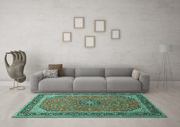 Machine Washable Persian Turquoise Traditional Area Rugs in a Living Room,, wshtr966turq