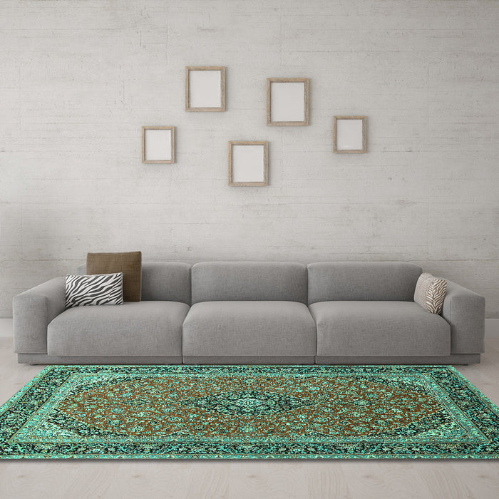 Machine Washable Persian Turquoise Traditional Area Rugs in a Living Room,, wshtr966turq