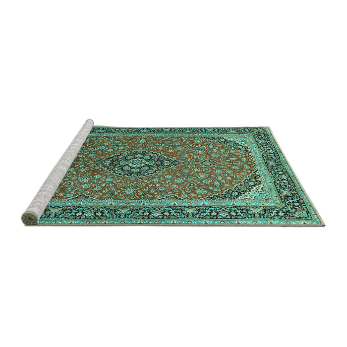Sideview of Machine Washable Persian Turquoise Traditional Area Rugs, wshtr966turq