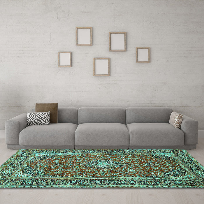 Machine Washable Persian Turquoise Traditional Area Rugs in a Living Room,, wshtr967turq