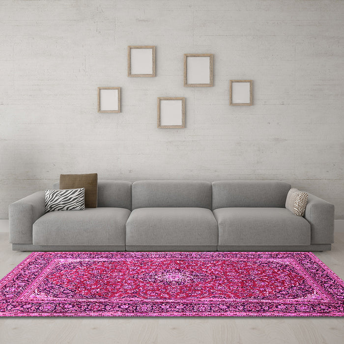 Machine Washable Persian Pink Traditional Rug in a Living Room, wshtr967pnk
