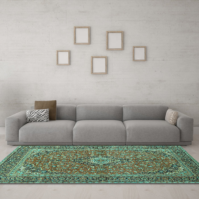 Machine Washable Persian Turquoise Traditional Area Rugs in a Living Room,, wshtr968turq