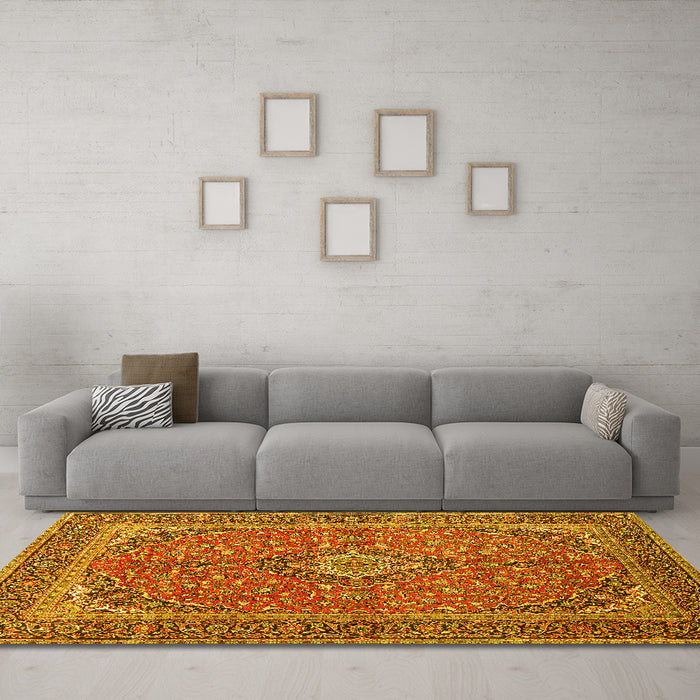 Machine Washable Persian Yellow Traditional Rug in a Living Room, wshtr968yw
