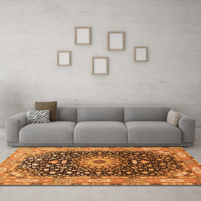 Machine Washable Medallion Orange Traditional Area Rugs in a Living Room, wshtr96org