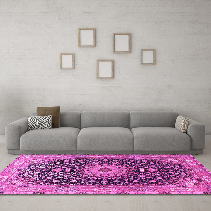 Machine Washable Medallion Pink Traditional Rug in a Living Room, wshtr96pnk