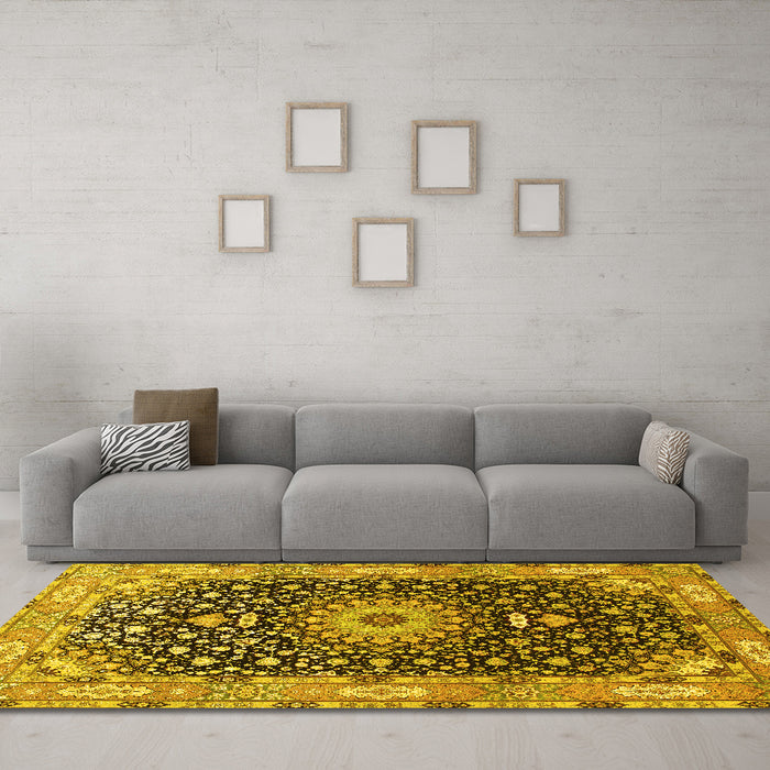 Machine Washable Medallion Yellow Traditional Rug in a Living Room, wshtr96yw