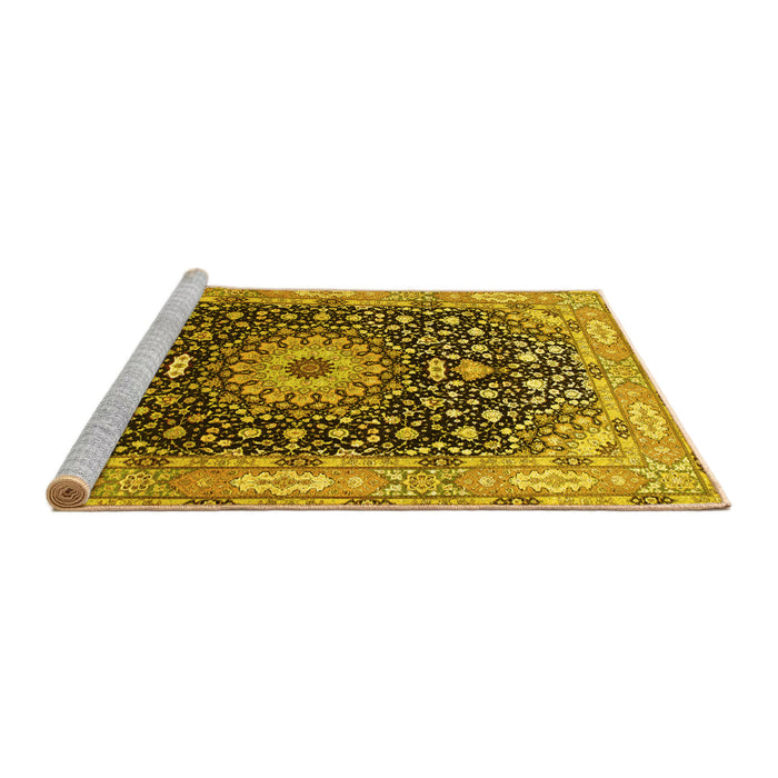 Sideview of Machine Washable Medallion Yellow Traditional Rug, wshtr96yw
