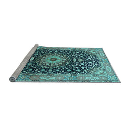 Sideview of Machine Washable Medallion Light Blue Traditional Rug, wshtr96lblu