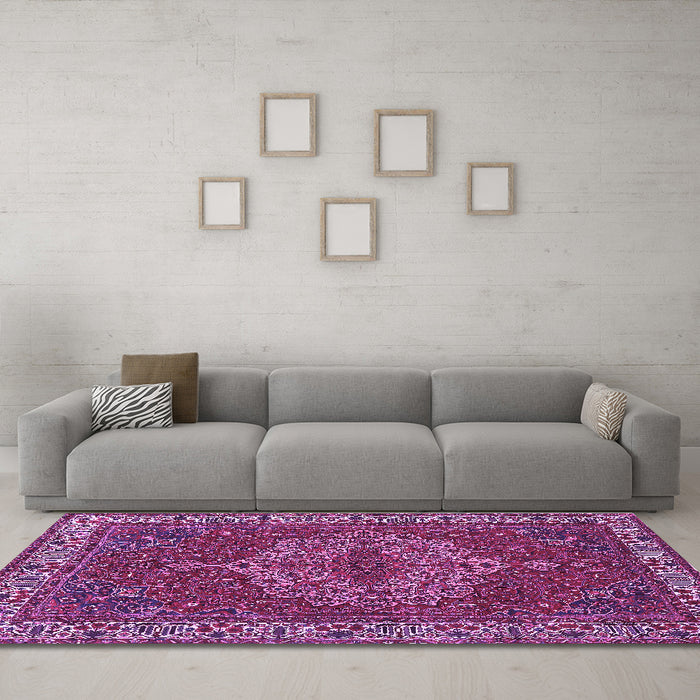 Machine Washable Persian Purple Traditional Area Rugs in a Living Room, wshtr970pur