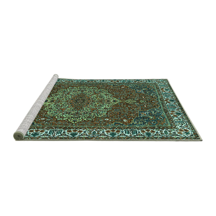 Sideview of Machine Washable Persian Turquoise Traditional Area Rugs, wshtr970turq