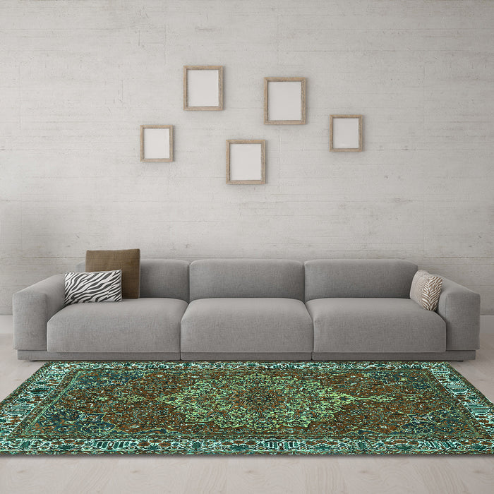 Machine Washable Persian Turquoise Traditional Area Rugs in a Living Room,, wshtr970turq
