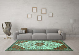 Machine Washable Persian Turquoise Traditional Area Rugs in a Living Room,, wshtr971turq