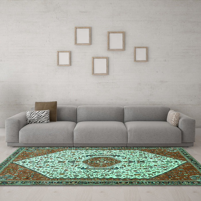 Machine Washable Persian Turquoise Traditional Area Rugs in a Living Room,, wshtr971turq