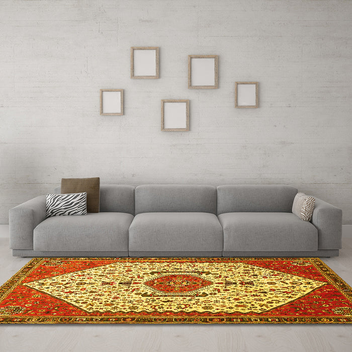 Machine Washable Persian Yellow Traditional Rug in a Living Room, wshtr971yw