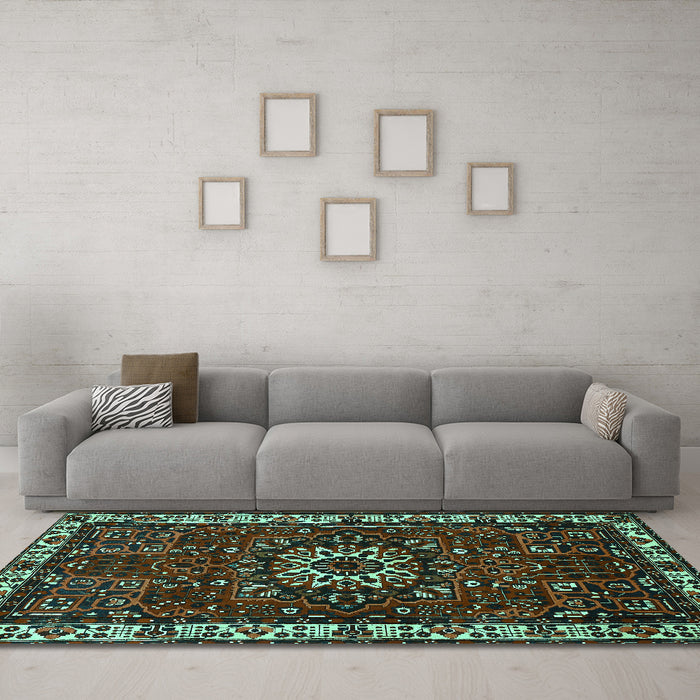 Machine Washable Persian Turquoise Traditional Area Rugs in a Living Room,, wshtr972turq