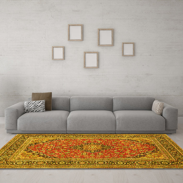 Machine Washable Persian Yellow Traditional Rug in a Living Room, wshtr973yw