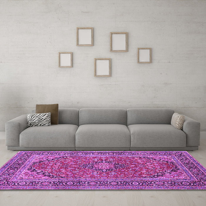 Machine Washable Persian Purple Traditional Area Rugs in a Living Room, wshtr973pur